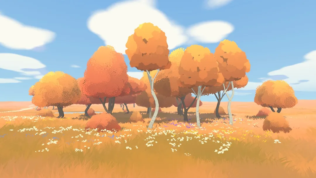 An autumn grove of orange trees on a meadow with white flowers