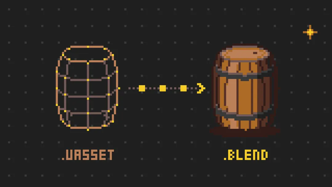A pixel-art barrel in wireframe, then the same barrel textured